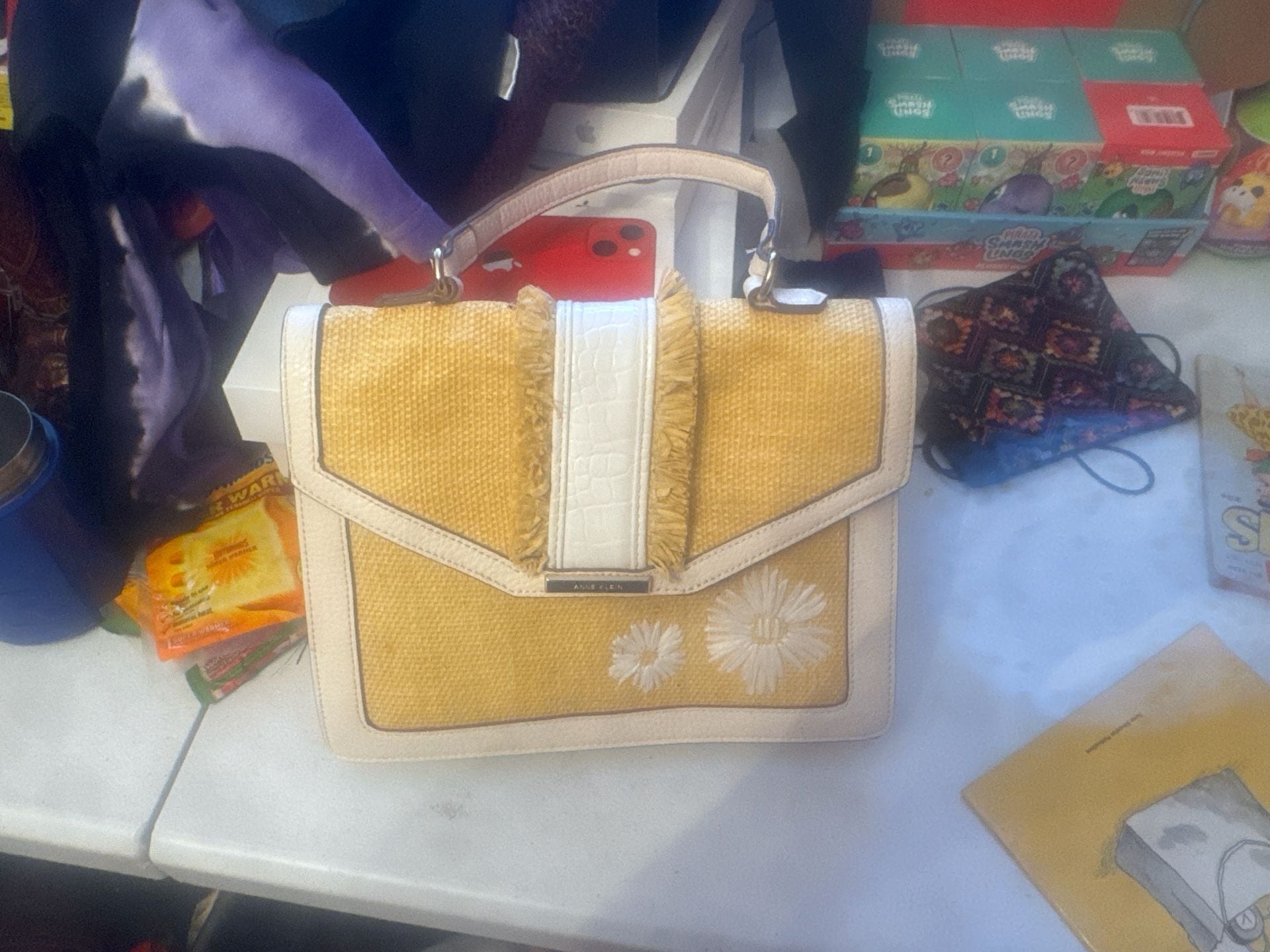 Anne Klein Gardenia Carrie Yellow Raffia Daisy Embroidered Satchel Handbag